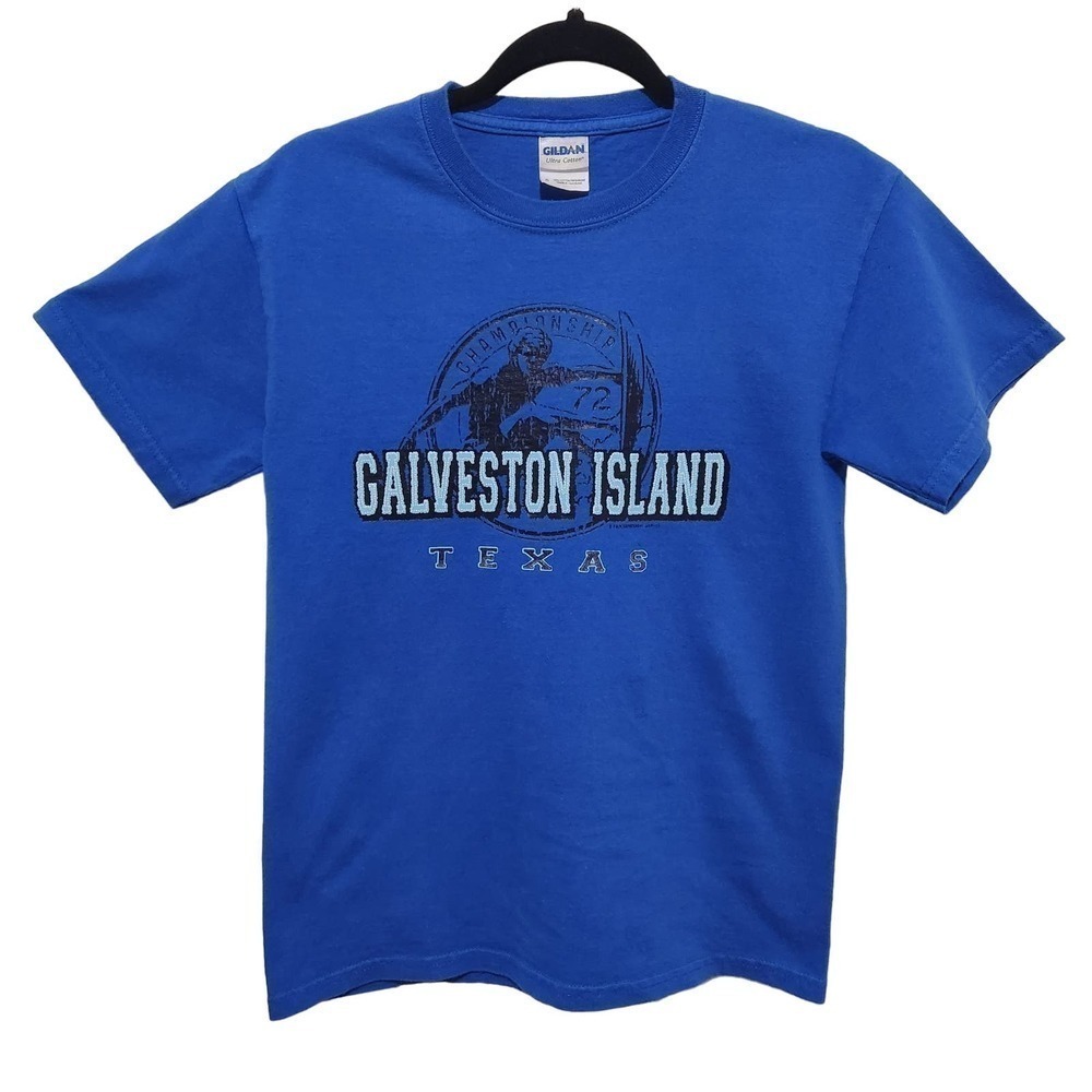 Gildan 
Galveston Island 
Texas 
Graphic Tee
Royal Blue Black Size Small‎